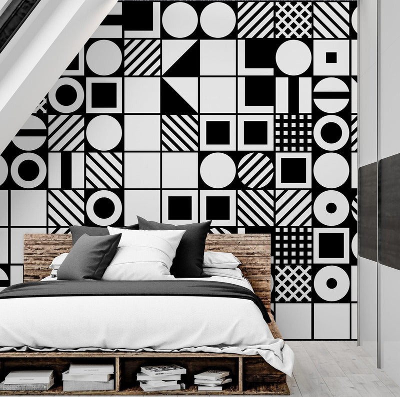 Black and White Geometric Shapes Wallpaper Mural Wall Art.