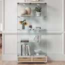 Glass Display Cabinet With LED Lights, Tempered Glass Doors, Large Drawers, 2 Door Storage Case With 4 Shelves - Natural / White by HouseOfZazla