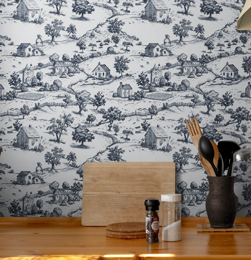 Rustic Wallpaper Peel and Stick Wall Mural. Countryside Motif Wall Decor.