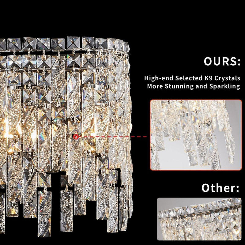 Silver Elegant Oval Crystal Chandelier, Modern Ceiling Light Fixture with Reflective Hanging Crystals for Dining Room, Living Room, and FoyerS (Bulbs Not Included)