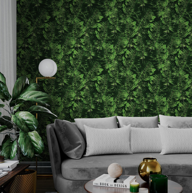 Green Leaves Pattern Wallpaper Mural. Botanical Wall Mural.