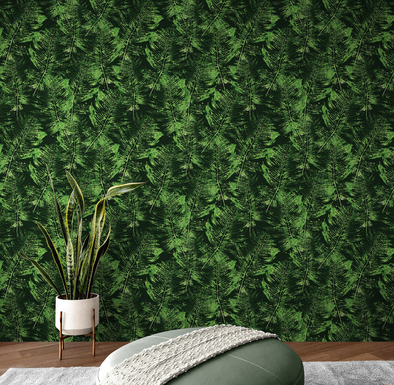 Green Leaves Pattern Wallpaper Mural. Botanical Wall Mural.