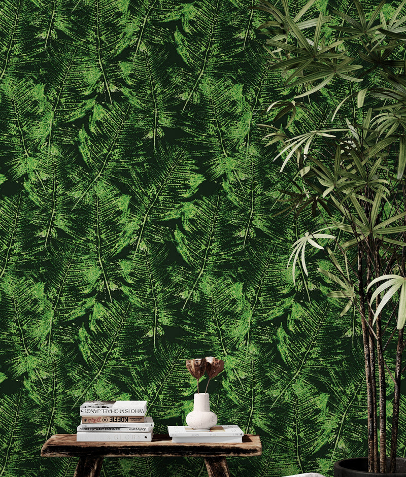 Green Leaves Pattern Wallpaper Mural. Botanical Wall Mural.