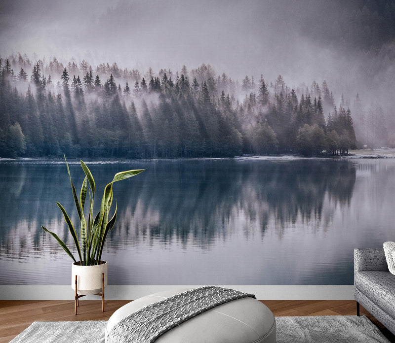 Pine Trees Forest Lake View Wall Mural Wallpaper.