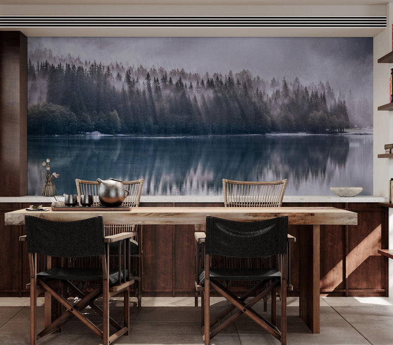 Pine Trees Forest Lake View Wall Mural Wallpaper.