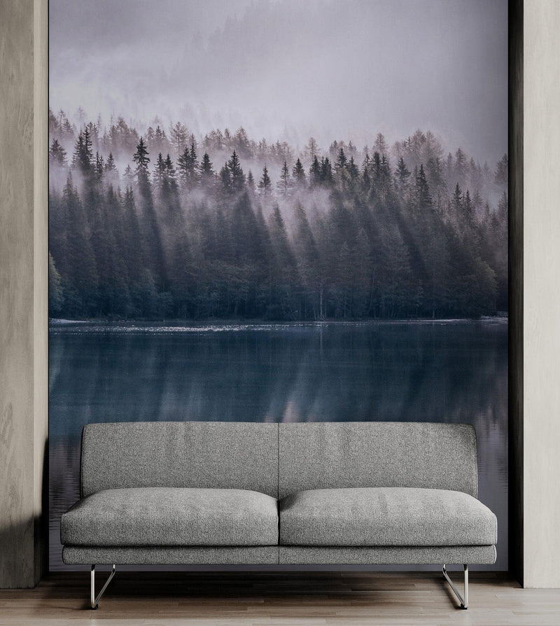 Pine Trees Forest Lake View Wall Mural Wallpaper.