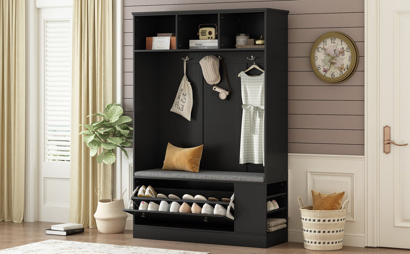 5-in-1 Entryway Bench with Coat Rack, Cushion and 3 Sturdy Hooks, 47.2" Wide Hall Tree with Shoe Storage Bench for Hallway, Entryway, Living Room