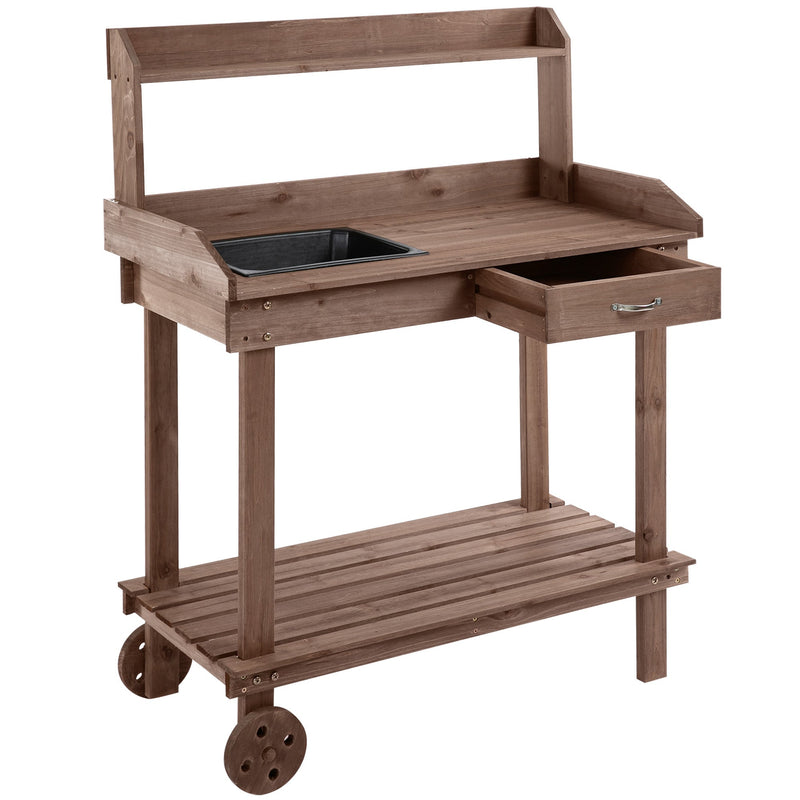 36" Wooden Potting Bench Work Table with 2 Removable Wheels, Sink, Drawer & Large Storage Spaces, Brown