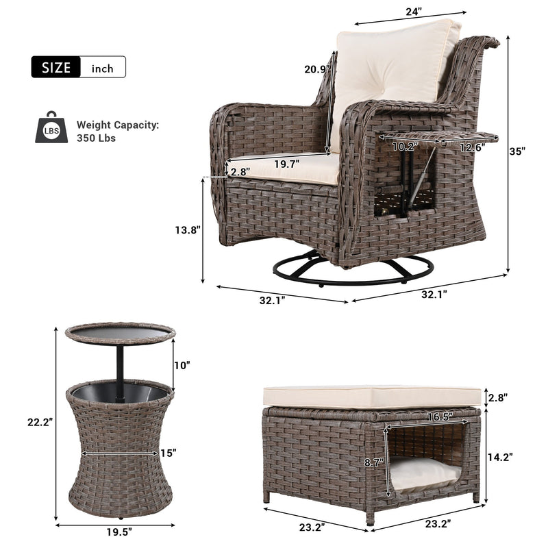 5 Pieces Outdoor Patio Furniture Set with Pet House Cool Bar and Retractable Side Tray, Rattan Wicker Patio Swivel Rocking Chairs Set of 2 with Ottomans for Backyard, Porch, Balcony, Beige