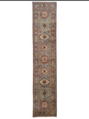 Hand-Knotted Afghan Kazak Wool Runner Rug – 2'7" x 12'3" – Traditional Geometric Design