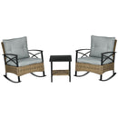 3 Piece Patio Rocking Chair Set, Outdoor Wicker Bistro Set with 2 Cushioned Porch Rockers and 2 Tier Coffee Table for Garden, Porch, Backyard, Light Gray