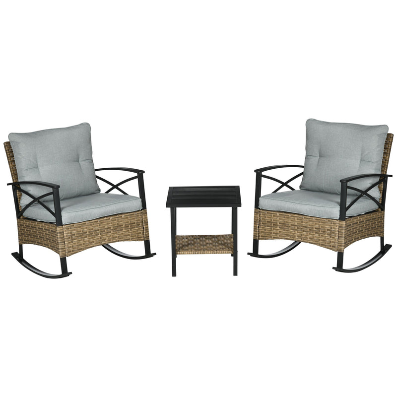 3 Piece Patio Rocking Chair Set, Outdoor Wicker Bistro Set with 2 Cushioned Porch Rockers and 2 Tier Coffee Table for Garden, Porch, Backyard, Light Gray