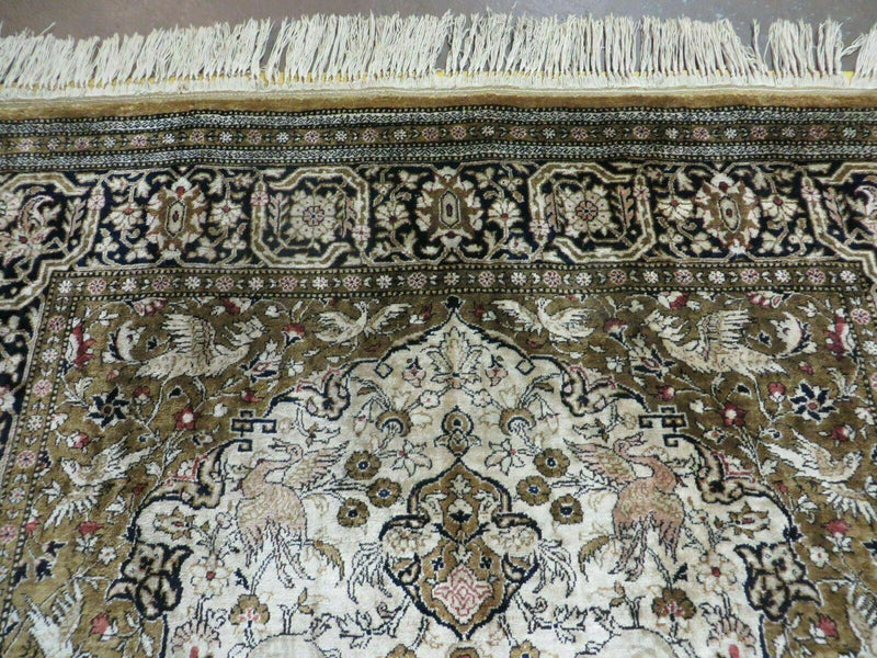 3' X 5' Fine Handmade Chinese Silk Rug Deer Birds Hand Knotted One Of A Kind