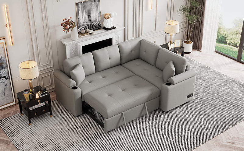87.4" L-shape Sofa Bed Pull-out Sleeper Sofa with Wheels, USB Ports, Power Sockets for Living Room, Grey