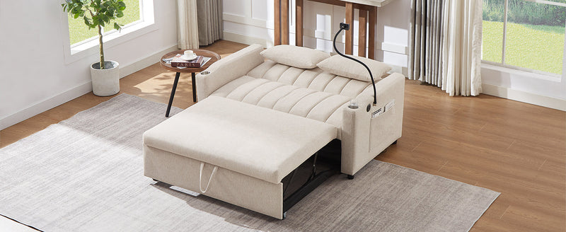 55.9" Convertible Sofa Bed Loveseat Sofa with Three USB Ports, Two Side Pockets, Two Cup Holders and 360Swivel Phone Holder for Living Room, Beige