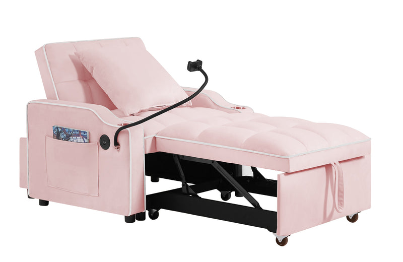 3-in-1 Sofa Bed, Convertible Sleeper Chair Sofa Bed Adjustable Pull Out Sleeper Chair Bed Multi-Pockets Folding Sofa Bed for Living Room Bedroom Small Space (Pink)
