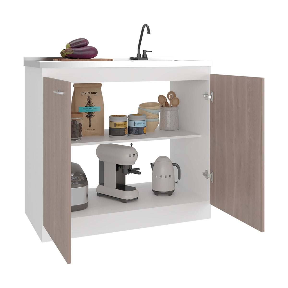 Salento Freestanding Sink, Double Door Cabinet, Two Shelves, photo 6 of 10