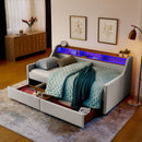 Twin Upholstered Sofa Bed With LED Lights, Storage Drawers, Adjustable Headboard & Wireless Charging - Beige by HouseOfZazla