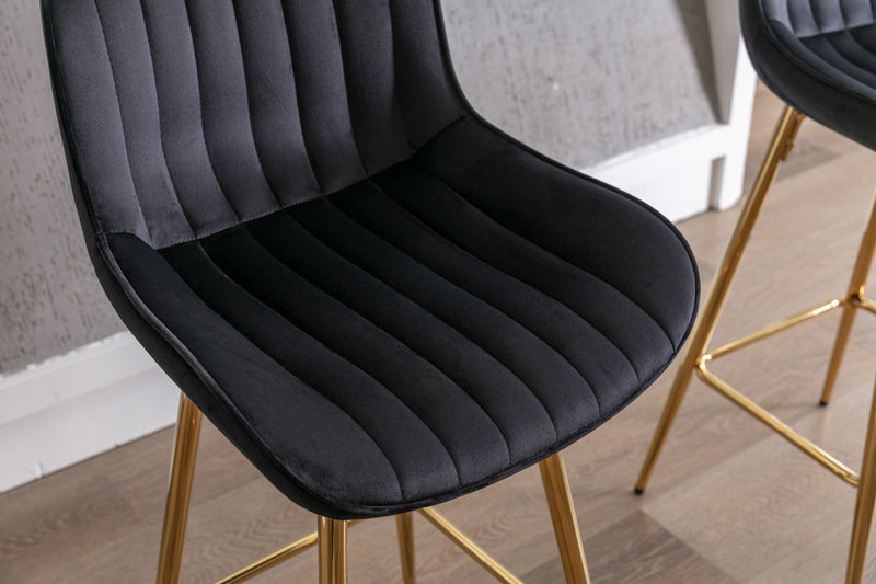 26 Inch Set of 2 Bar Stools, with Chrome Footrest Velvet Fabric Counter Stool Golden Leg Simple Bar Stool, BLACK