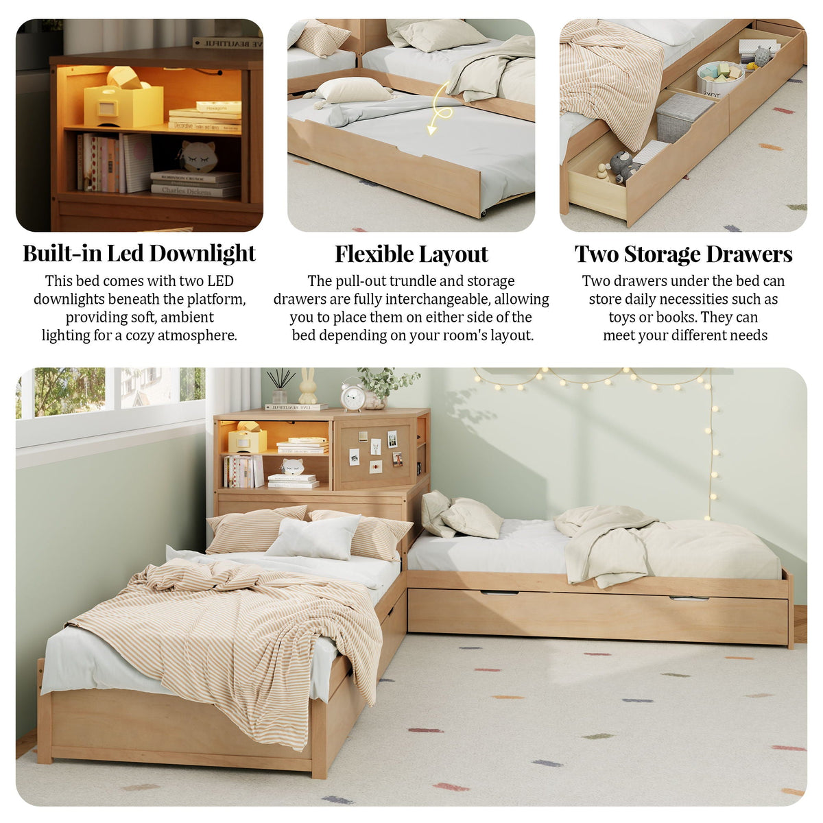L-Shaped Bed Frame With Trundle, Built In Desk & LED Lighting, photo 15 of 31