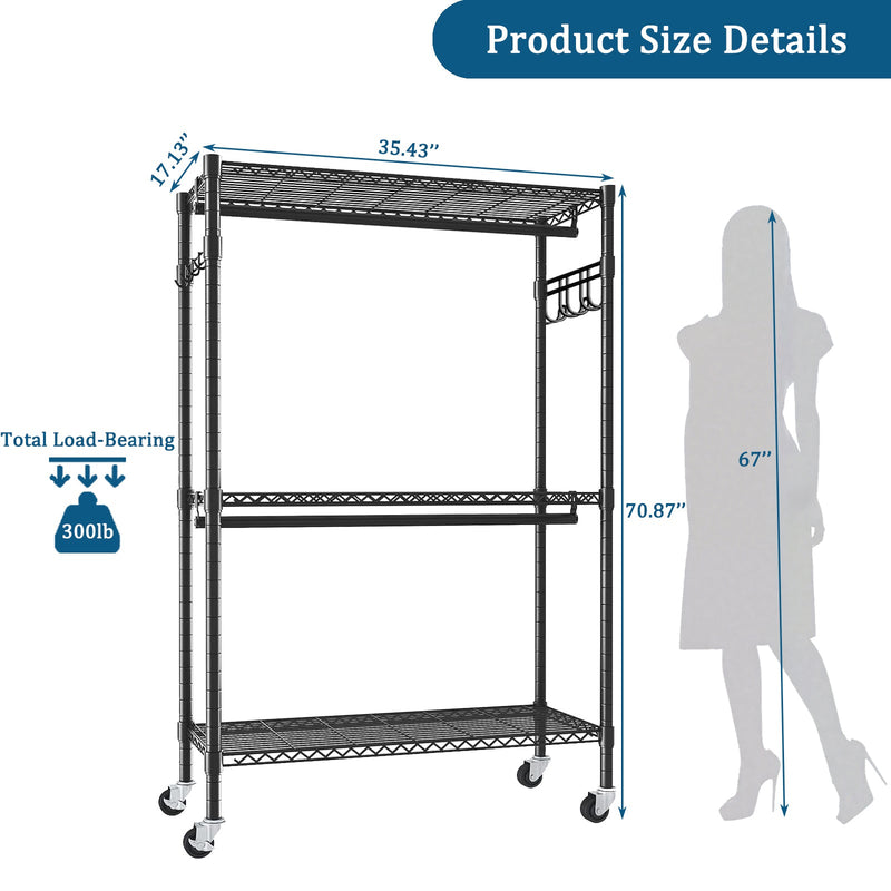 Heavy Duty Rolling Clothes Rack with 3 Tier Shelves, 2 Rails & Side Hooks, Adjustable Freestanding Organizer, Black Metal