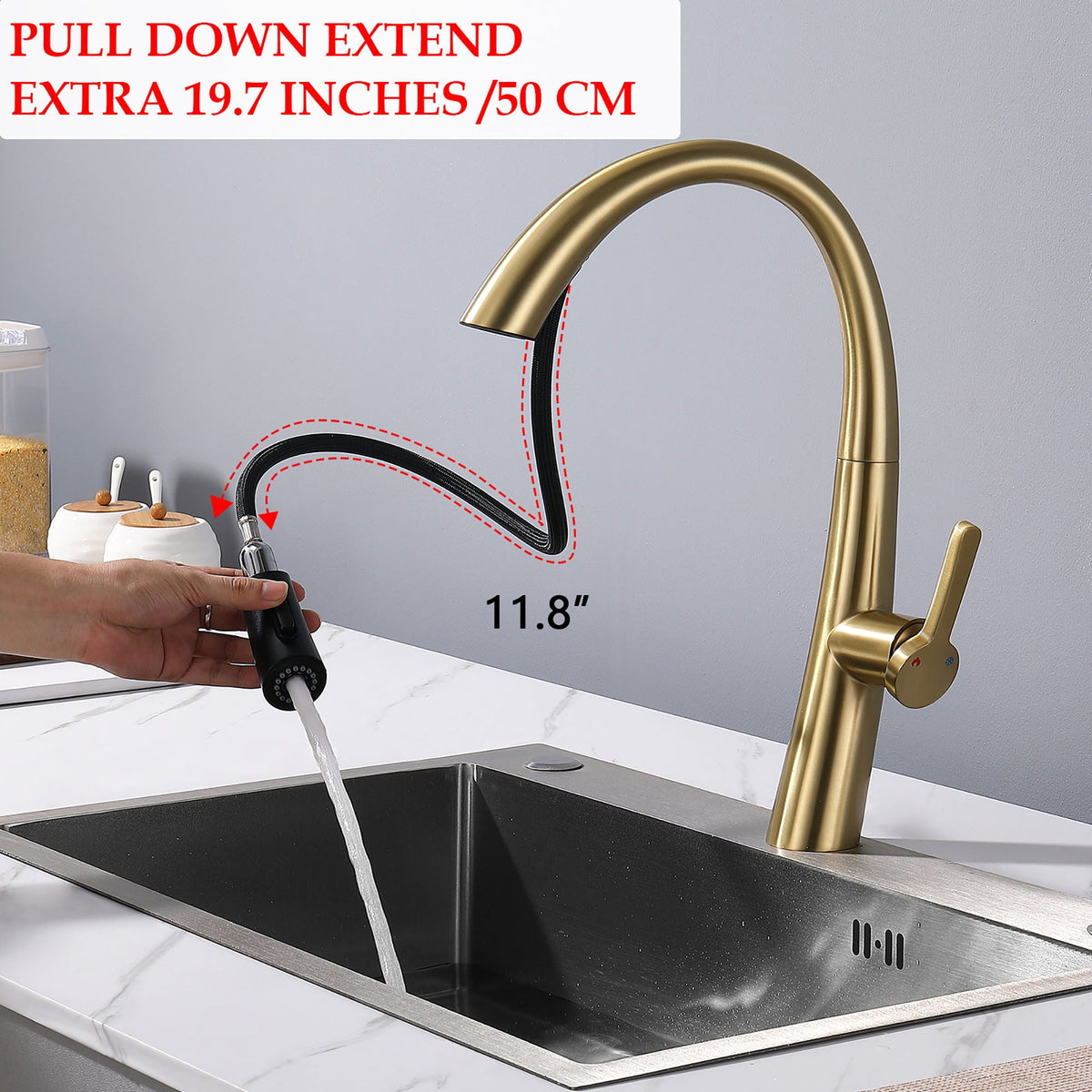 Elegant Single Handle Stainless Steel Pull Out Kitchen Faucet With High Arch Spout, photo 10 of 16