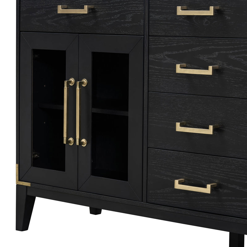 6-drawer and 2-Cabinet Retro Sideboard with Extra Large Storage Space, with Gold Handles and Solid Wood Legs, for Kitchen and Living Room (Black)