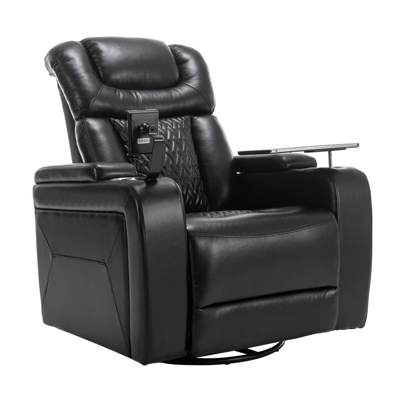 270 Degree Swivel PU Leather Power Recliner Individual Seat Home Theater Recliner with Comforable Backrest, Tray Table, Phone Holder, Cup Holder, USB Port, Hidden Arm Storage for Living Room, Black