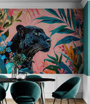 Black Panther in Pink Tropical Forest Wall Mural. Fashionable Botanical Chic Decor.