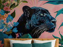 Black Panther in Pink Tropical Forest Wall Mural. Fashionable Botanical Chic Decor.