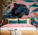 Black Panther in Pink Tropical Forest Wall Mural. Fashionable Botanical Chic Decor.