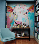 Rustic Colorful Cow Wall Mural Wallpaper.