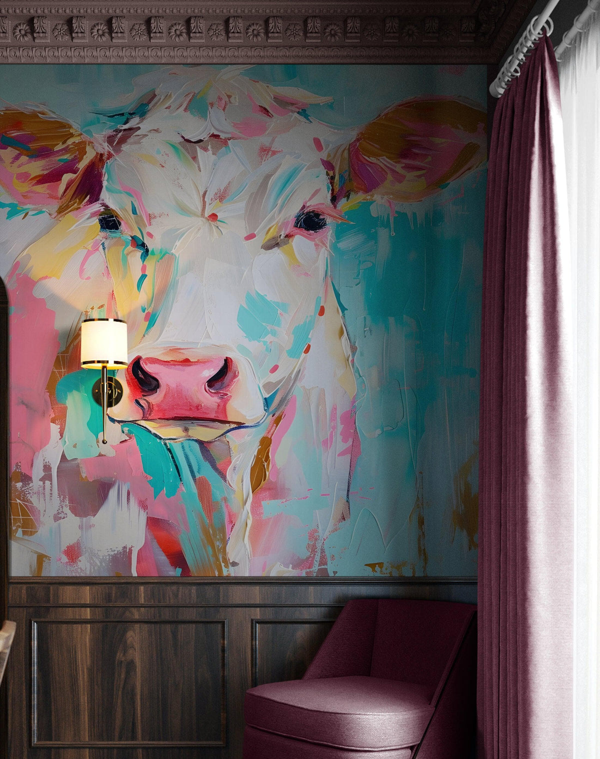 Rustic Colorful Cow Wall Mural Wallpaper. #6823, photo 7 of 8