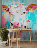 Rustic Colorful Cow Wall Mural Wallpaper.