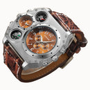 MenÕs Quartz Watch Two Time Zone Big Face Military Style Compass Thermometer Decorative Dial PU Leather Strap