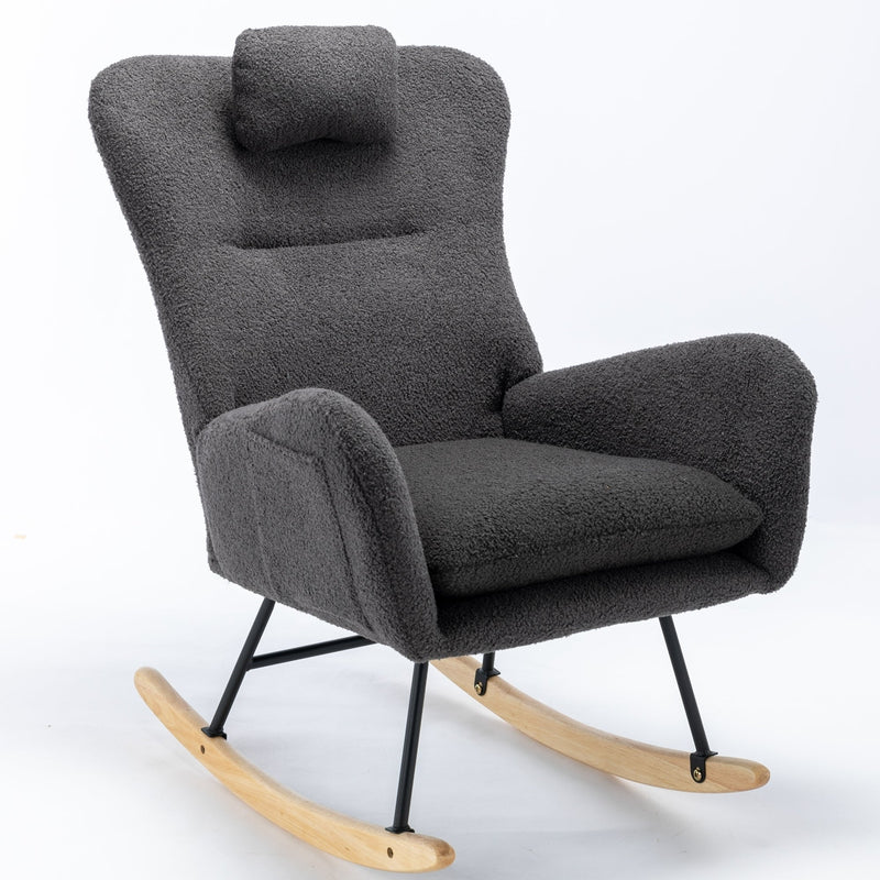 35.5 inch Rocking Chair with Pocket, Soft Teddy Fabric Rocking Chair for Nursery, Comfy Wingback Glider Rocker with Safe Solid Wood Base for Living Room Bedroom Balcony (greg)