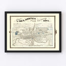 Vintage Map of Des Moines, Iowa 1875