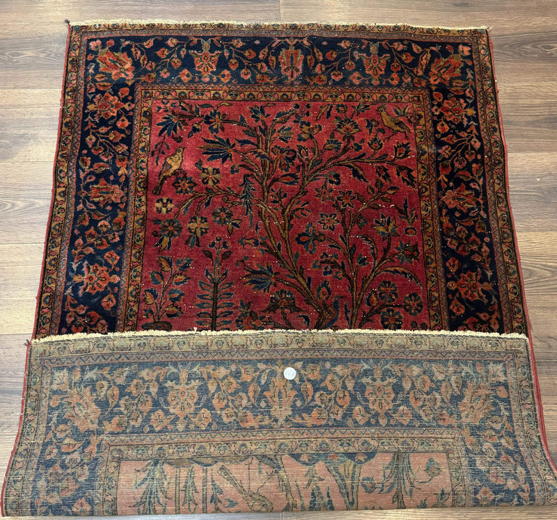 Antique Persian Tree of Life Rug 3x5, Manchester Wool, Bird Pictorials, Fine 240 KPSI, Red Navy Blue