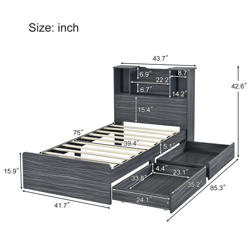 Walker Edison | Twin Size Storage Platform Bed Frame with 4 Open Storage Shelves and 2 Storage Drawers, LED Light, Gray