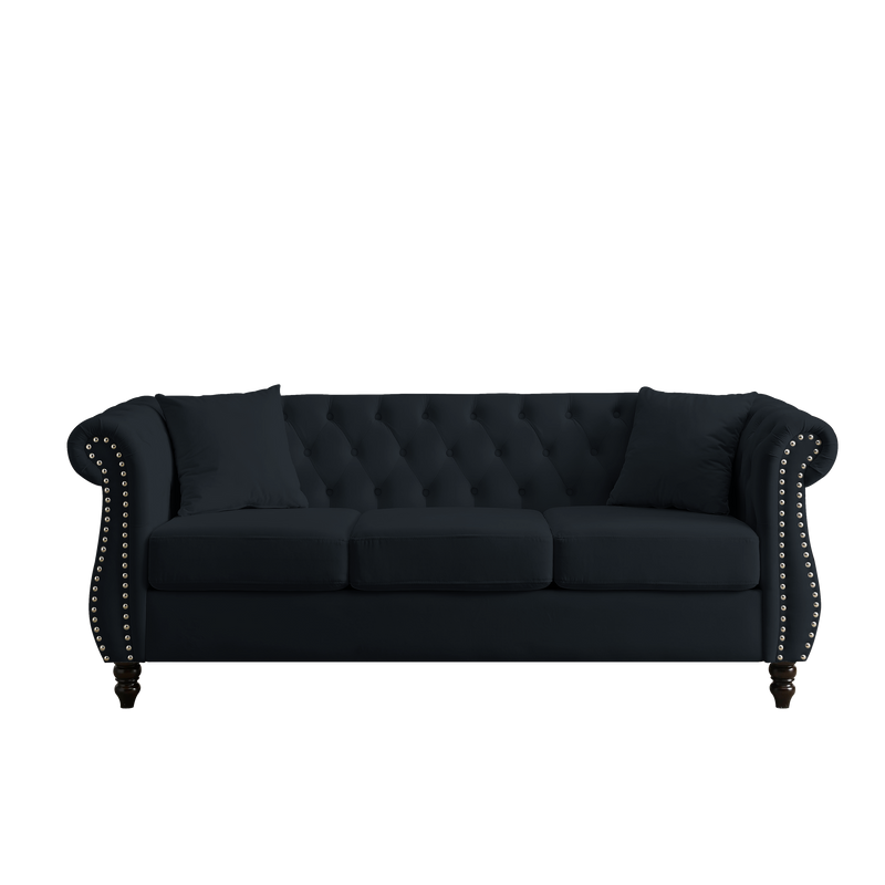 80" Chesterfield Sofa Black Velvet for Living Room, 3 Seater Sofa Tufted Couch with Rolled Arms and Nailhead for Living Room, Bedroom, Office, Apartment, 3S With 3S