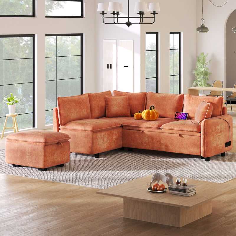 82.67"Convertible Sofa Bed Sectional Sofa Sleeper L-shaped Sofa with a Storage Ottoman,Two Pillows, Two Power Sockets and Two USB Ports for Living Room, Orange