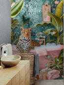 Leopard in Pink Bathtub. Stylish Animal Chic Print Wallpaper.