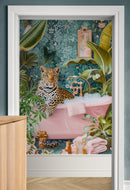 Leopard in Pink Bathtub. Stylish Animal Chic Print Wallpaper.