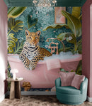 Leopard in Pink Bathtub. Stylish Animal Chic Print Wallpaper.