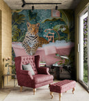 Leopard in Pink Bathtub. Stylish Animal Chic Print Wallpaper.