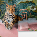 Leopard in Pink Bathtub. Stylish Animal Chic Print Wallpaper.