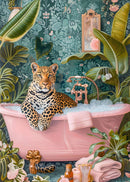 Leopard in Pink Bathtub. Stylish Animal Chic Print Wallpaper.