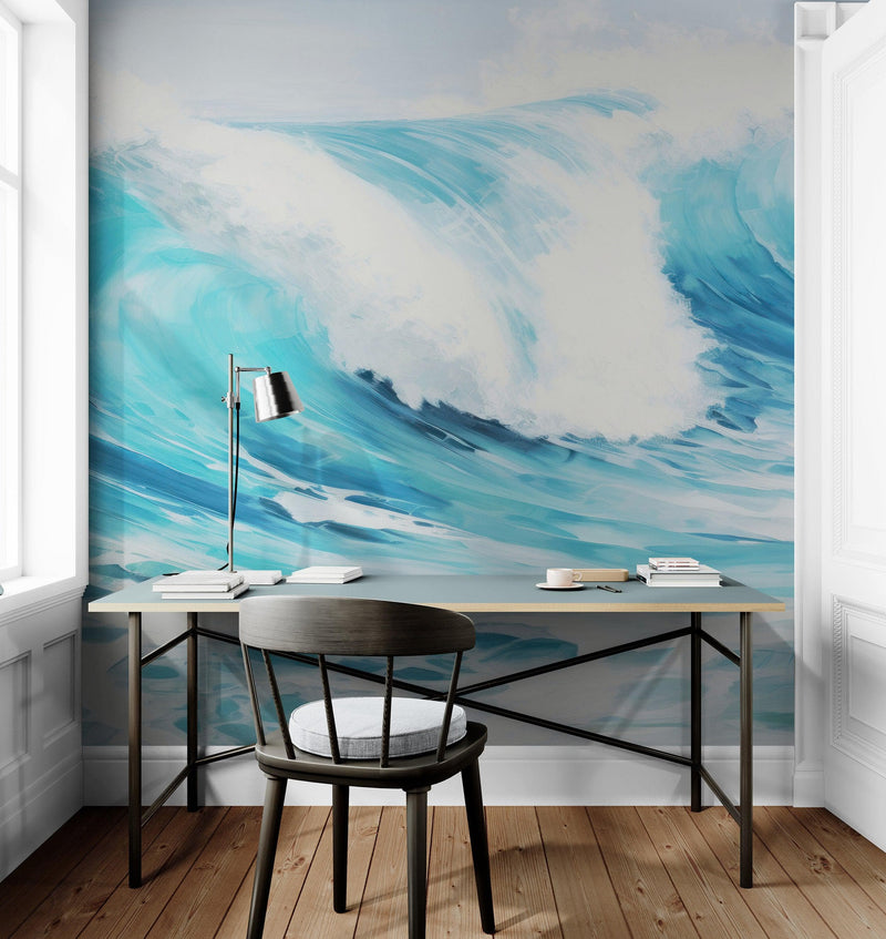Artistic Painting of Blue Ocean Wave Wall Mural.