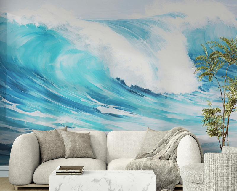 Artistic Painting of Blue Ocean Wave Wall Mural.