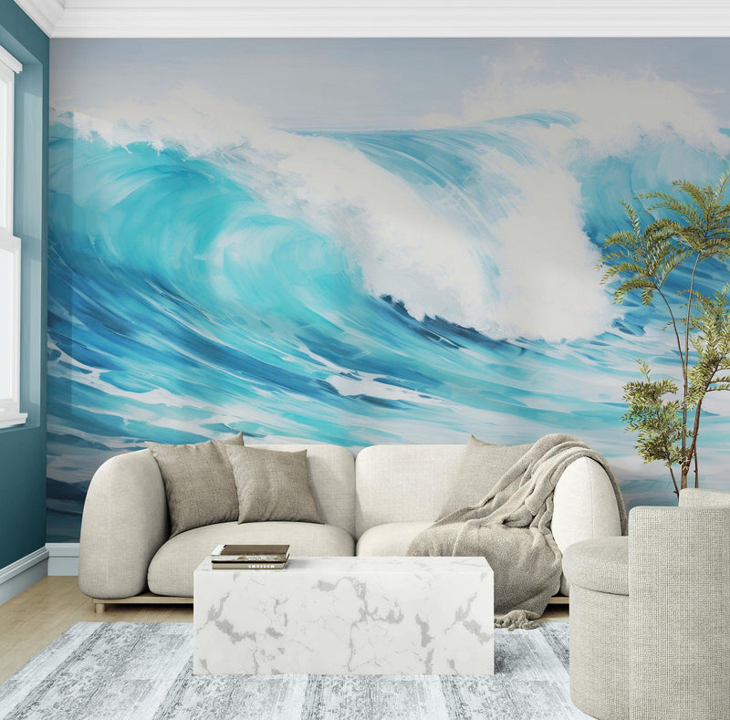 Artistic Painting of Blue Ocean Wave Wall Mural.